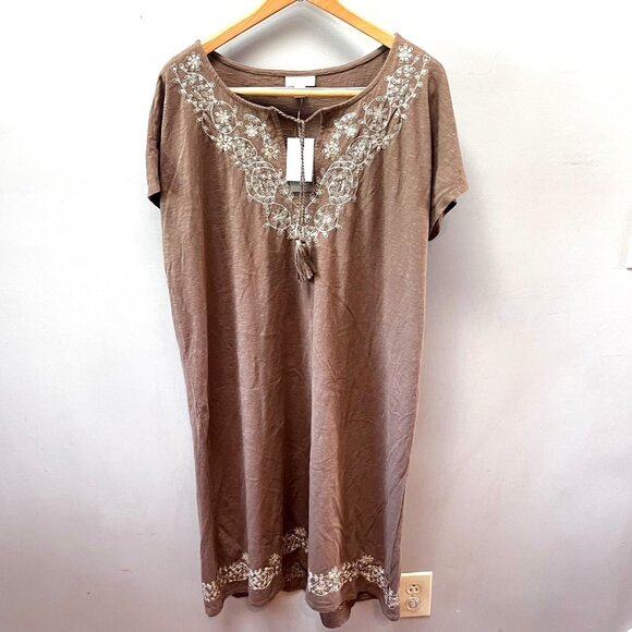 NEW J.Jill Shitake Brown Embroidered  Sequined‎ Cotton Dress L - Picture 1 of 6